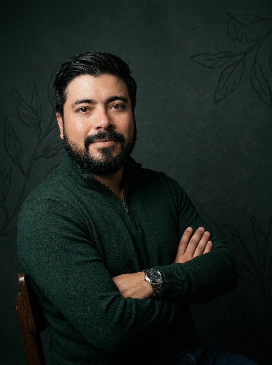Denis Faria sentado, de braços cruzados, com suéter verde escuro, olhando para a câmera diante de um fundo verde escuro com ilustrações de folhas.