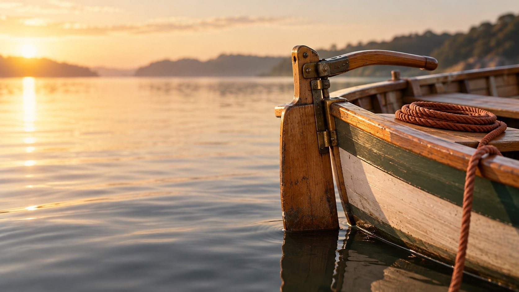 Barco de madeira atracado em água calma ao amanhecer, com o leme em destaque.